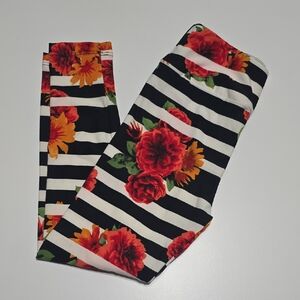 LuLaRoe Kids Leggings with Red Floral and Black Stripes